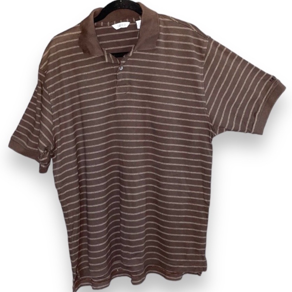 Izod golf striped polo mens size large brown short sleeve collar button top - Picture 9 of 9